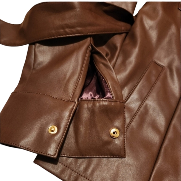 Women's Large Guess Marque Brown Faux-Leather Belted Jacket - Picture 6 of 7